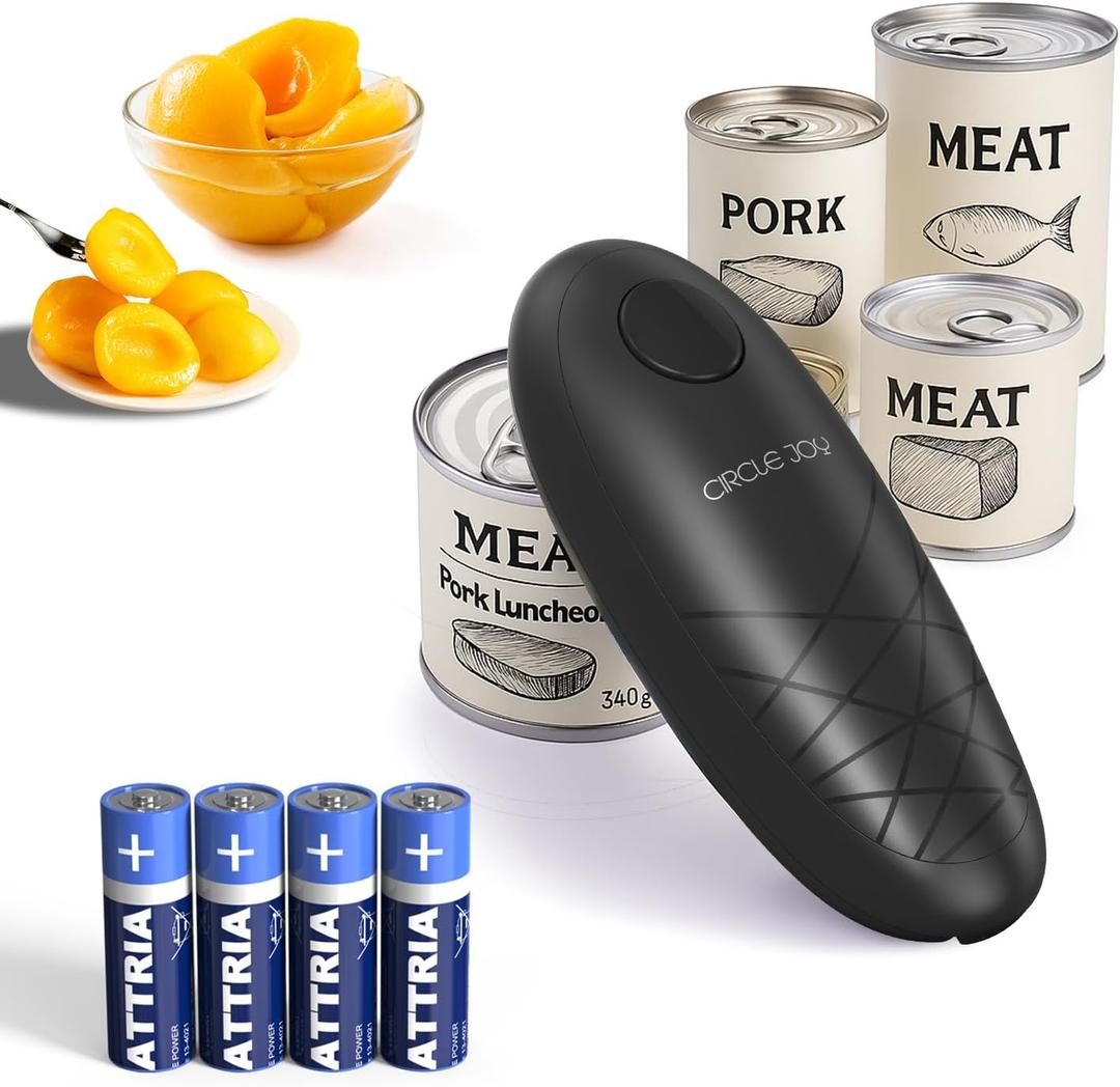 CIRCLE JOY Electric Can Opener, One-Touch Automatic Can Opening with Smooth Edges, Food Safety Handheld Battery-Operated Can Opener for Kitchen and Seniors, Black