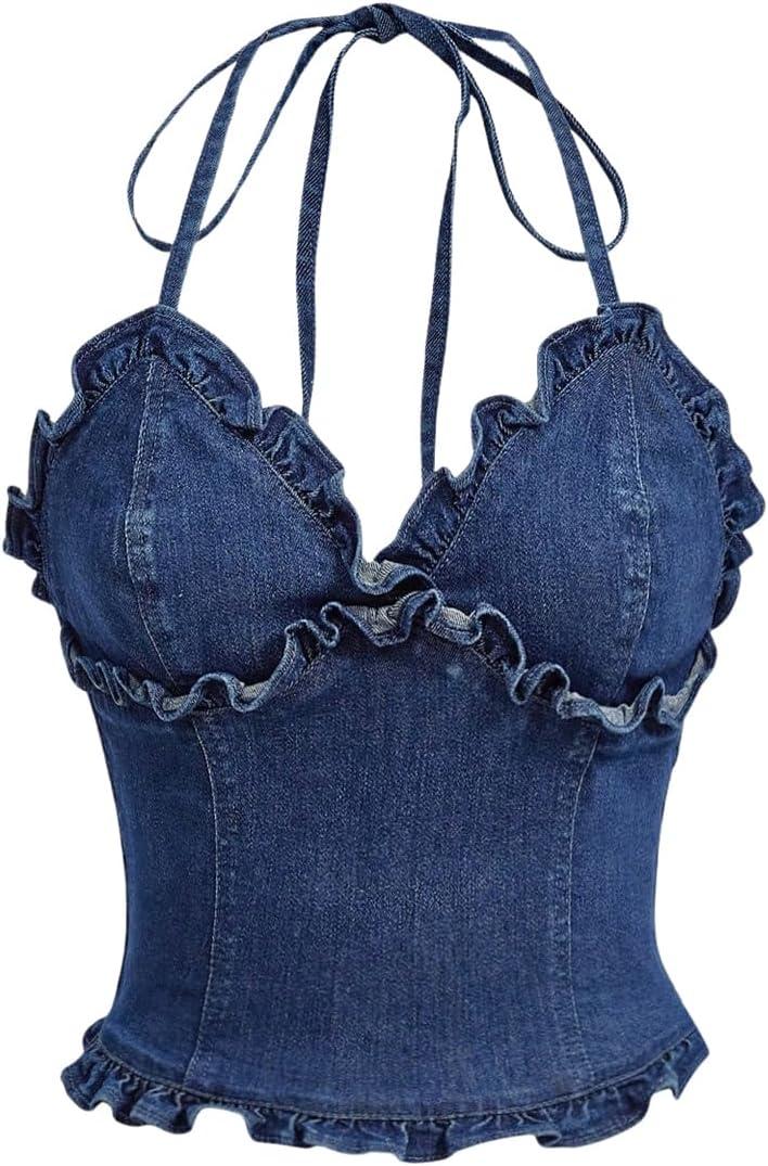 OYOANGLE Women's Lettuce Trim Spaghetti Straps Tie Backless Halter Denim Top Slim Fitted Jean Cami Tops (Medium)