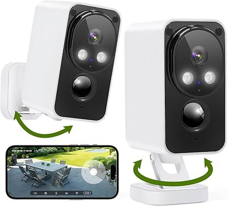Security Cameras Wireless Outdoor 180° Pan Rotate 2K Color Night Vision Cameras for Home Security Motion Detection Siren 2Way Talk Battery Powered IP65 Waterproof 2.4GHz WiFi Cloud/SD Storage 2Pack
