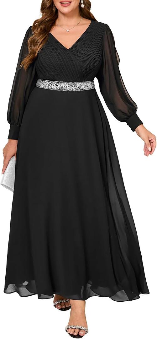 Pinup Fashion Women Plus Size Formal Dresses - Evening Gown Long Sleeve Chiffon Beading Maxi Dress (Black 1)