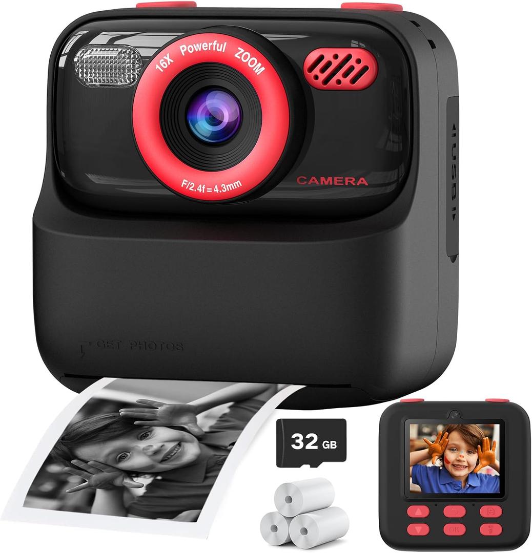 Kids Instant Digital Cameras for Boys and Girls, 1080P HD Dual-Lens Selfie Digital Camera with Print Paper & 32G Card, Christmas Birthday Gifts Toys for Toddler and Teenagers Age 3-16 Years Old