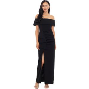 Xscape Women's Long Off The Shoulder Scuba Crepe Slit Dress (6 Petite, Black)