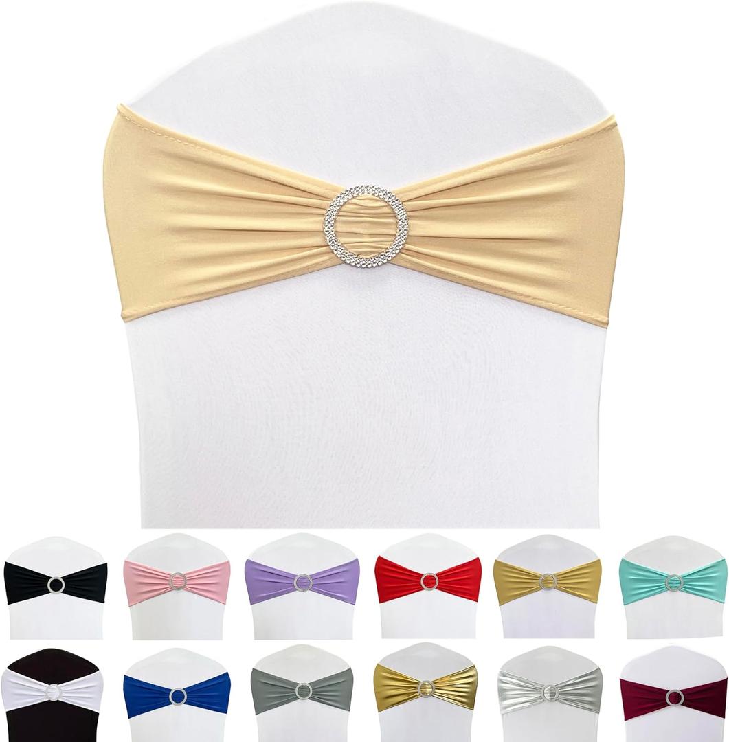 Maiangel Spandex Chair Sashes Bands 100PCS Stretch Chair Ties Bows with Buckle Slider for Wedding Party Banquet Decoration (Champagne) And White Chair Covers 100PCS