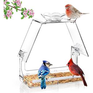 Window Bird Feeder with Non-Marking Self-Adhesive Hooks, Clear and Transparent, Outdoor Wild Bird Watching Gift, Garden Decor (with Large Window)