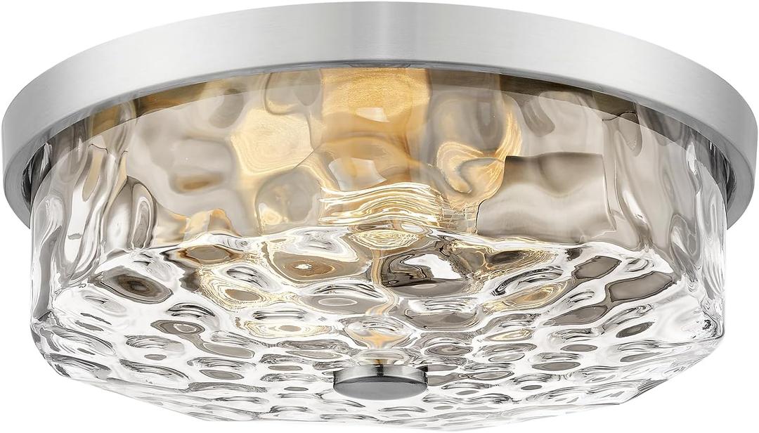 Flush Mount Ceiling Light with Water Ripple Glass Shade, Modern 3-Light Ceiling Light Fixtures, Brushed Nickle Finished Ceiling Lighting for Kitchen Halway Living Room Bedrrom Entryway