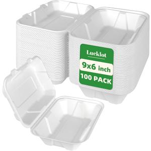 Lucklot 100 Pack 9×6 Inch To Go White Disposable Clamshell Take Out Containers with Lids, Compostable and Eco-Friendly Biodegradable Bagasse Rectangle Togo Takeout Lunch Boxes for Food