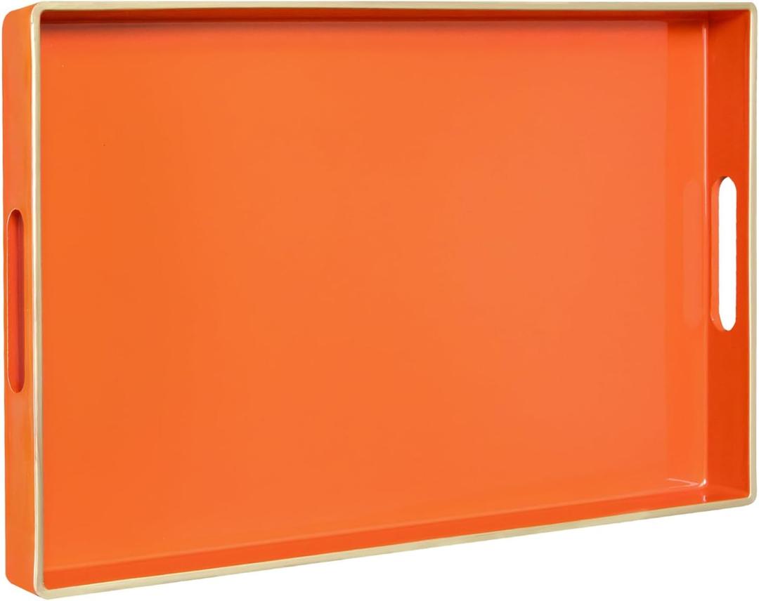 MAONAME Orange Serving Tray with Handles, Modern Decorative Trays for Coffee Table, Plastic Rectangular Trays for Ottoman, Bathroom, Halloween Decor, 15.8 x 10.2 x1.4