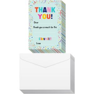 72 Pieces Kids Thank You Cards Fill in the Blank Thank You Notes with Envelopes Colorful Thanks Cards for Birthday Party(Confetti Style)