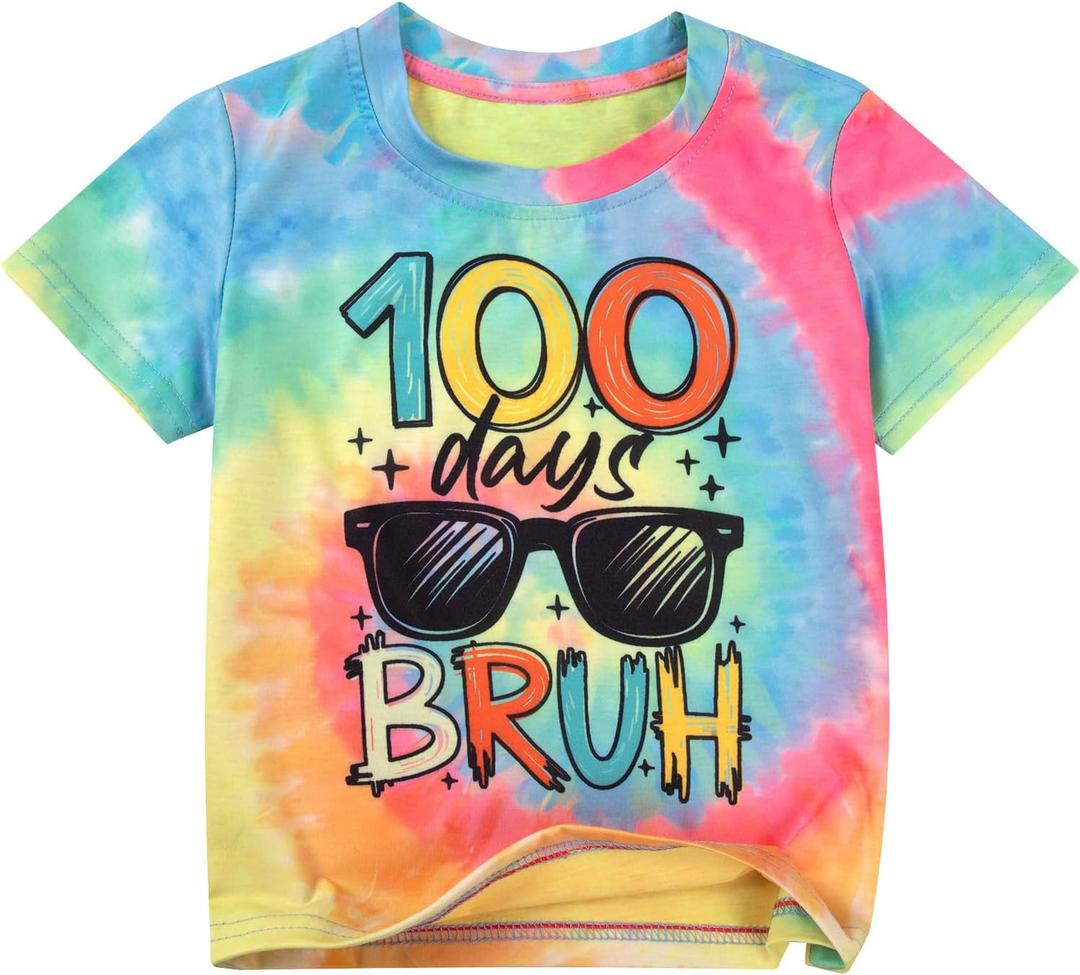 LUKYCILD Kids 100 Days of School Shirts 100 Days Celebration Tshirt Toddler Funny Letter Print Tee Top Boys Girls Outfits (3-4T, Tie Dye)