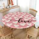 Valentines Day Round Tablecloth Fitted Best for 40"-44" Beige Pink Heart Table Cloth Vintage Elastic Edge Water-Resistant Washable Love Decoration Table Cover for Party Picnic Indoor Decor
