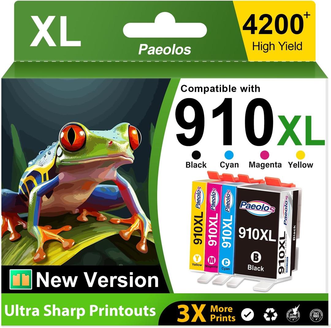 910XL 910 Ink Cartridges Latest Chip Replacement for HP 910XL Ink Cartridges Combo Pack for HP Ink 910 XL Work for HP OfficeJet Pro 8020 8010 8025 8035 8028 8030 8015 8018 8022 Printer Ink 910,4 Pack