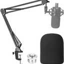 Audio-Technica AT2020 Mic Boom Arm with Foam Windscreen, Suspension Boom Scissor Arm Stand with Pop Filter Cover for Audio-Technica AT2020 Microphone by SUNMON