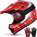 TCMT Dot Youth & Kids Motocross Offroad Street Helmet Red Spider Motorcycle Youth Helmet Dirt Bike Motocross ATV Helmet+Goggles+Gloves M