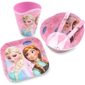 Princess 5 Pcs Set Durable Tableware Meal Dishes Mealtime Set includes Dinner Serving Bowl Plate Cup with a Matching Spoon & Fork