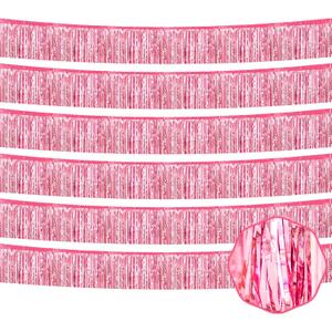 6 Pack 10 Ft Pink Foil Fringe Garland Metallic Tinsel Streamers Banner Wall Hanging Curtain Backdrop for Parade Floats, Christmas Day, Thanksgiving Day, Halloween, New Year Party Decoration