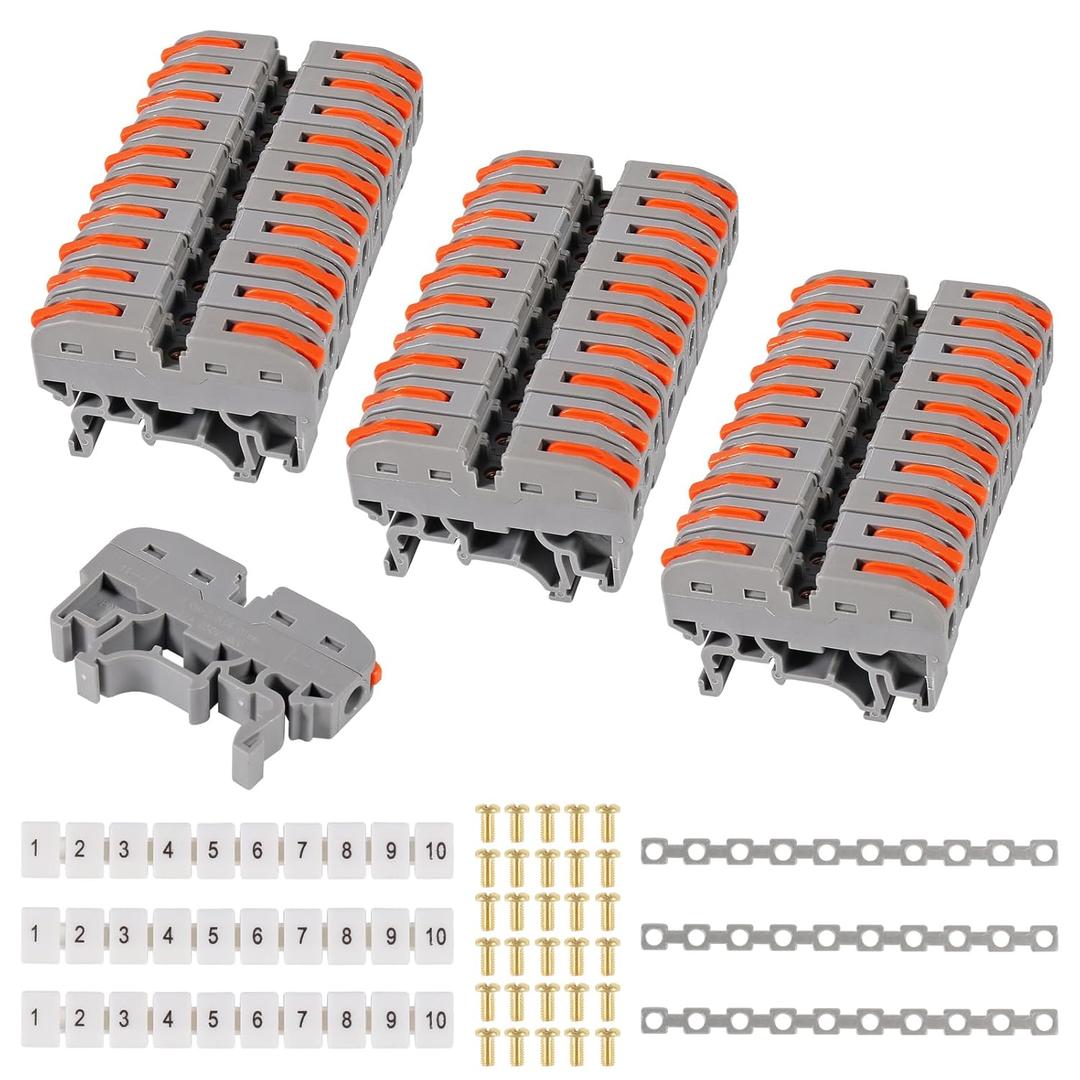 DIN Rail Terminal Blocks Kit, 30PCS Universal Compact Wire Wiring Connector with 3pcs Marker Strip, 3pcs Connection Bar and 30pcs Screws, 28-12AWG