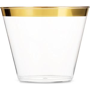 Munfix 100 9 Oz Clear Plastic Cups, Old Fashioned Tumblers, Fancy Disposable Wedding Cups, Elegant Party Cups with Gold Rim