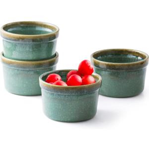 Soufflé Dishes Set of 4, 10oz Baking Dishes Ramekins, Baking Sets for Custard, Pudding, Souffle Cups, Oven/Dishwasher Safe, Reactive Glaze (Shiny Green)