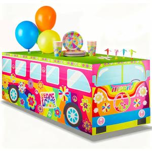 8FT Hippie Groovy Bus Tablecloth,Hippie Birthday Party Decorations for 60s 70s Boho Themed Birthday,Baby Shower,Carnival Party Decorations