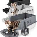 3 Pack Stainless Steel Litter Box, XL 22.9 x 15 x 10.3 High Sided Metal Cat Litter Tray with Scoop, Filter Pedal for Anti-Splash, Non-Sticky, Easy to Clean (Dark Grey&Light Grey&Black)