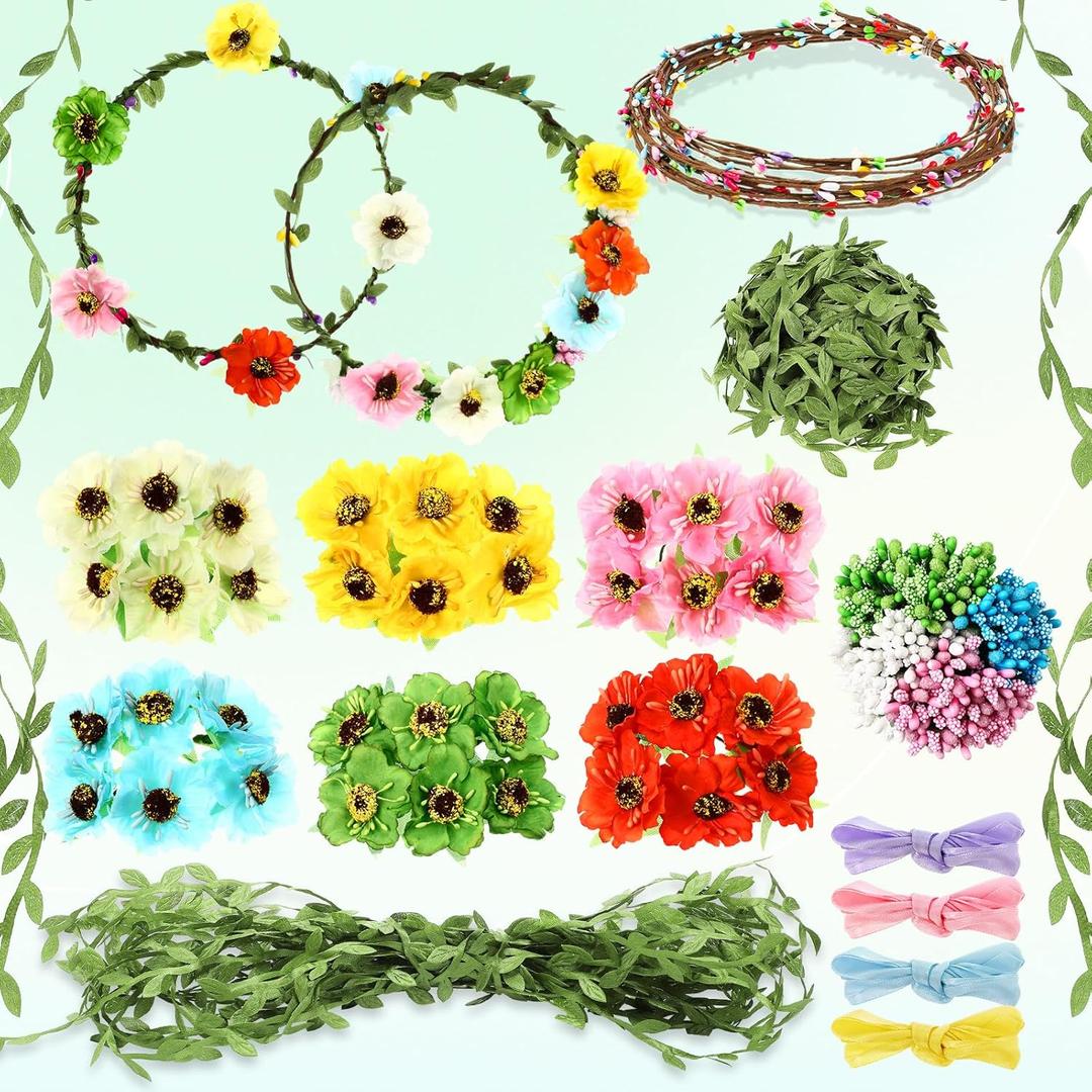 Zeyune 20 Sets Spring Tea Party Favor Flower Crowns Making Kit, Make Your Own Flower Crown Wreath Garland Headbands Craft Kit Handmade DIY Fairy Floral Hair Accessories Gift for Women