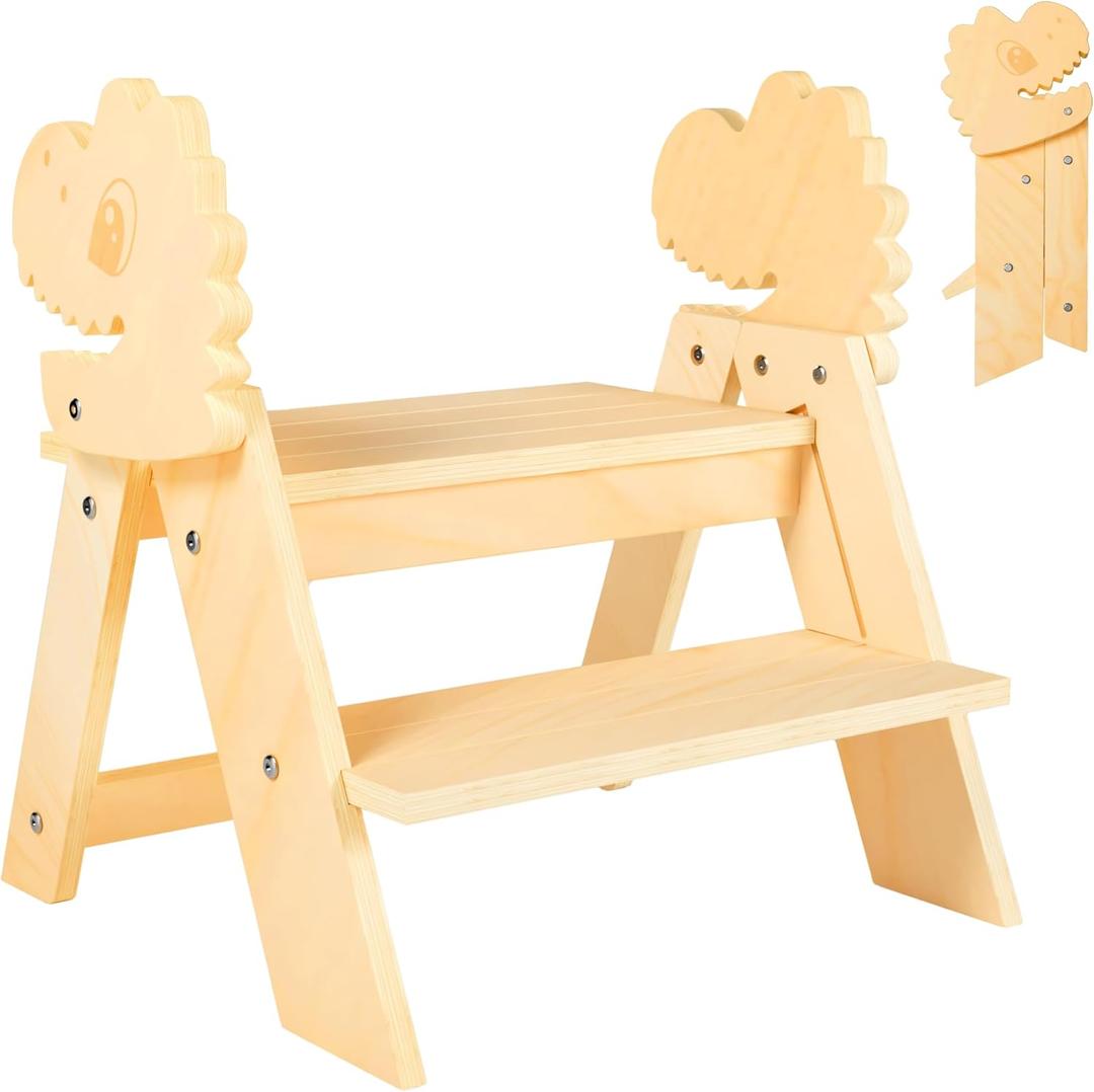 Wooden Toddler Step Stool, 2-Step Foldable Stool for Kids with Non-Slip Surface, Baby Bathroom Stool for Potty Training, Bathroom Sink, Kitchen Counter with Cute Dinosaur Design, Natural