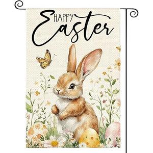 AVOIN colorlife Happy Easter Bunny House Flag 28x40 Inch Double Sided Outside, Floral Rustic Holiday Yard Outdoor Flag