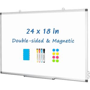 DOLLAR BOSS White Board Magnetic Dry Erase Board, 24 x 18 Inch Double-Sided Whiteboard for Wall Silver Aluminum Frame for Office School Home with 8 Magnets 4 Markers 1 Eraser 1 Detachable Pen Tray