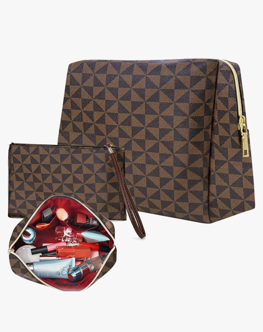 Leather Checkered Makeup Bag, 2 Pack Portable Cosmetic Bag, Large Capacity Waterproof Travel Toiletries Bag for Women, Christmas Gifts