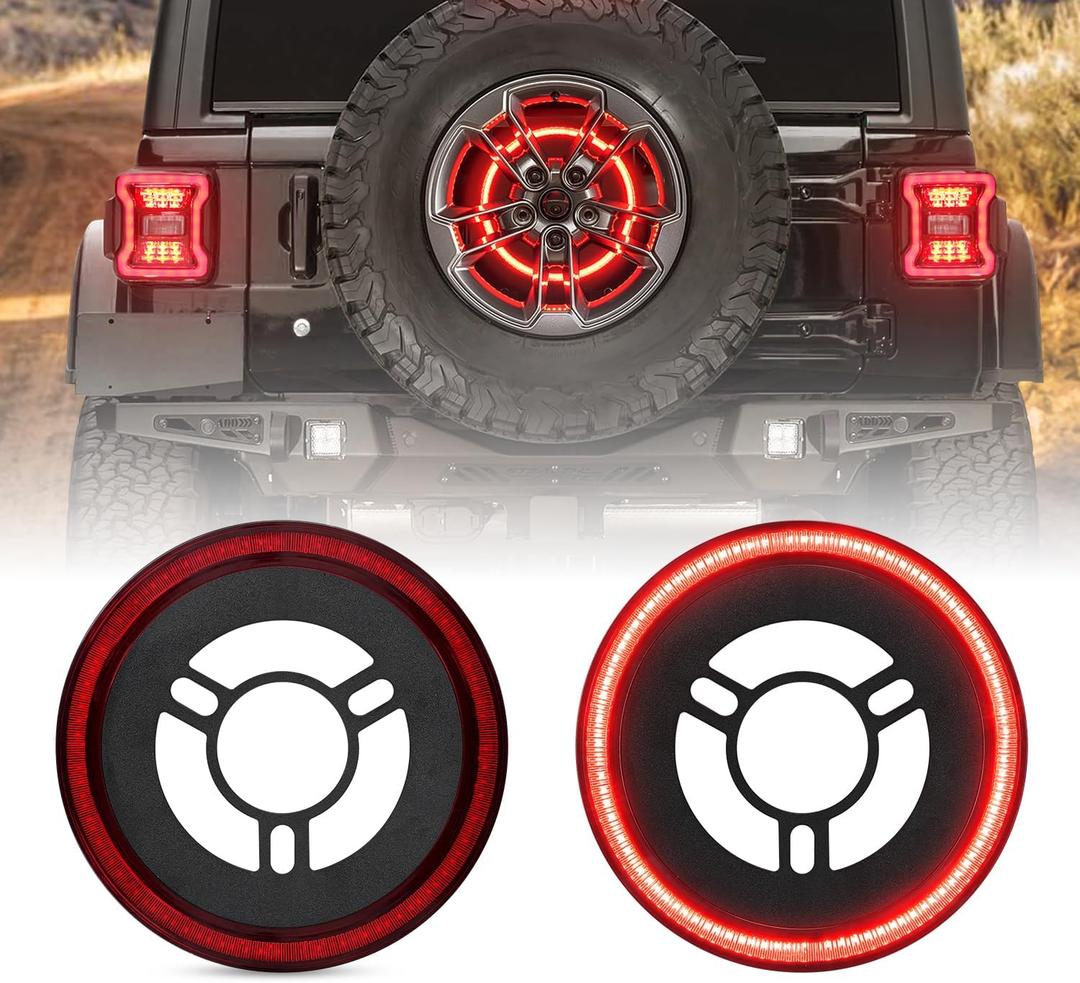 Spare Tire Brake Light Fit for 2018-2025 Jeep Wrangler JL JLU, Tail Light Rear LED Ring Wheel Light Plug and Play Red Lens