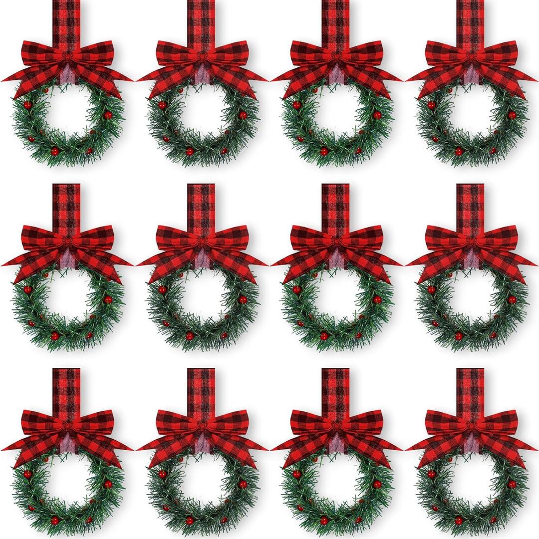 Retrowavy 12 Pcs Christmas Kitchen Cabinet Wreaths with Ribbon 3.94 Inch Mini Christmas Wreath Small Kitchen Xmas Decor for Window Door(Red and Black Plaid,Stylish Style)