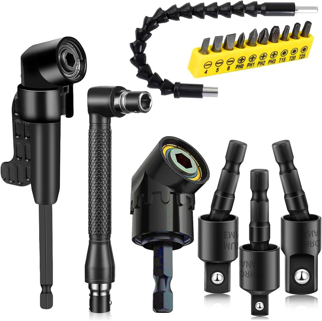 17 Pcs Flexible Drill Bit Extension 105 Degree Right Angle Drill Adapter,360 Rotatable 1/4 3/8 1/2" Impact Grade Socket Adapter Set,90 Angled Bits,Super Bit Shaft Extension Bits,Screwdriver Bit Set