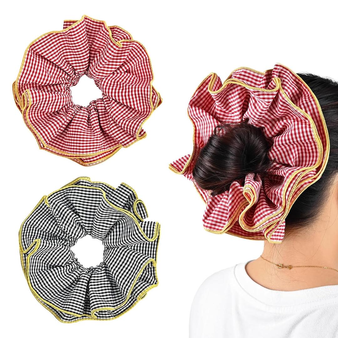 2-Piece Lattice Ruffles Large Scrunchies for Women Girls, Cute Big Hair Ties No Damage Hair Accessories, Elastic Hair Bands for Hair Bun Ponytail (Black & Red)