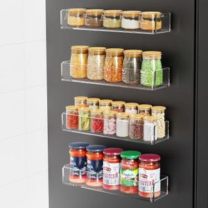4 Pack Acrylic Spice Racks for Refrigerator and Oven, Magnetic Fridge Organizers and Storage, Clear