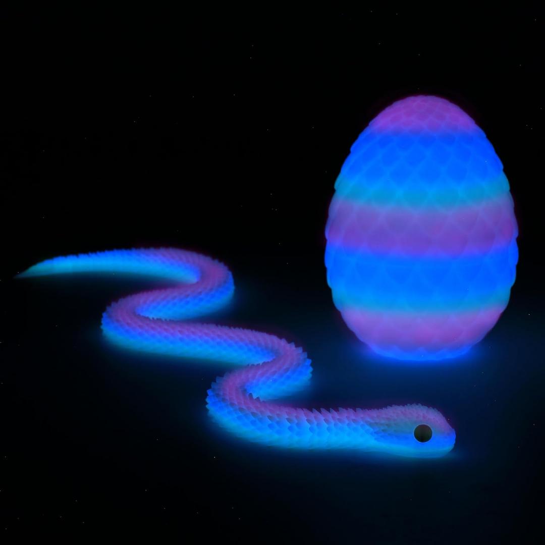 24 inch Snake Fidget Toy, 3D Printed Snake with Egg, Realistic Slithering Design, Stress Relief Desk Decor, Easter Egg for Kids & Adults (Luminous-Rainbow)