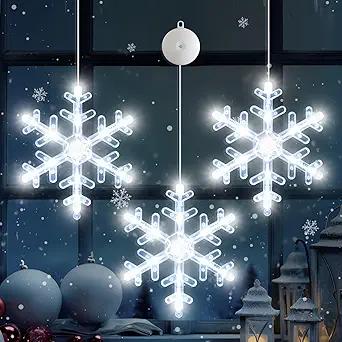 LYUBASA 3Pack Christmas Window Lights Decorations with Timer, Battery Powered Christmas Hanging White Lighted Snowflake Shaped LED Sucker String for Xmas Tree Fireplace Indoor Decor