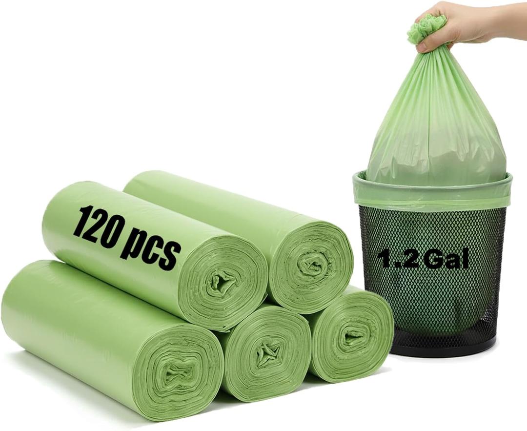 1.2 Gallon Small Trash Bags - Compostable Garbage Bag 120 Counts 5 L Trash Wastebasket Can Liners Green Biodegradable Rubbish Bags for Bathroom Travel Office Toilet Bedroom Countertop Camping