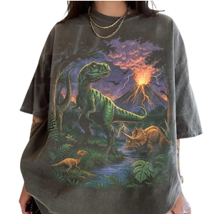 Vintage Dinosaur 90s T Rex and Triceratops Volcano Nature T-Shirt, L