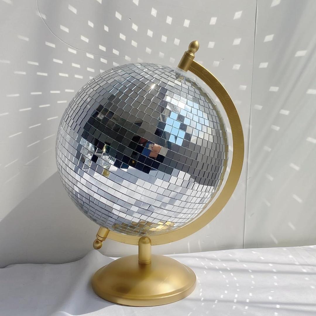 Disco Ball Globe, Home Decor Statues, Classic Tabletop Art Sculpture with Metal Base, Discoball Unique Western Modern Decorative Aesthetic Sculptures, 8.5" x 8" x 12", Bright Gold