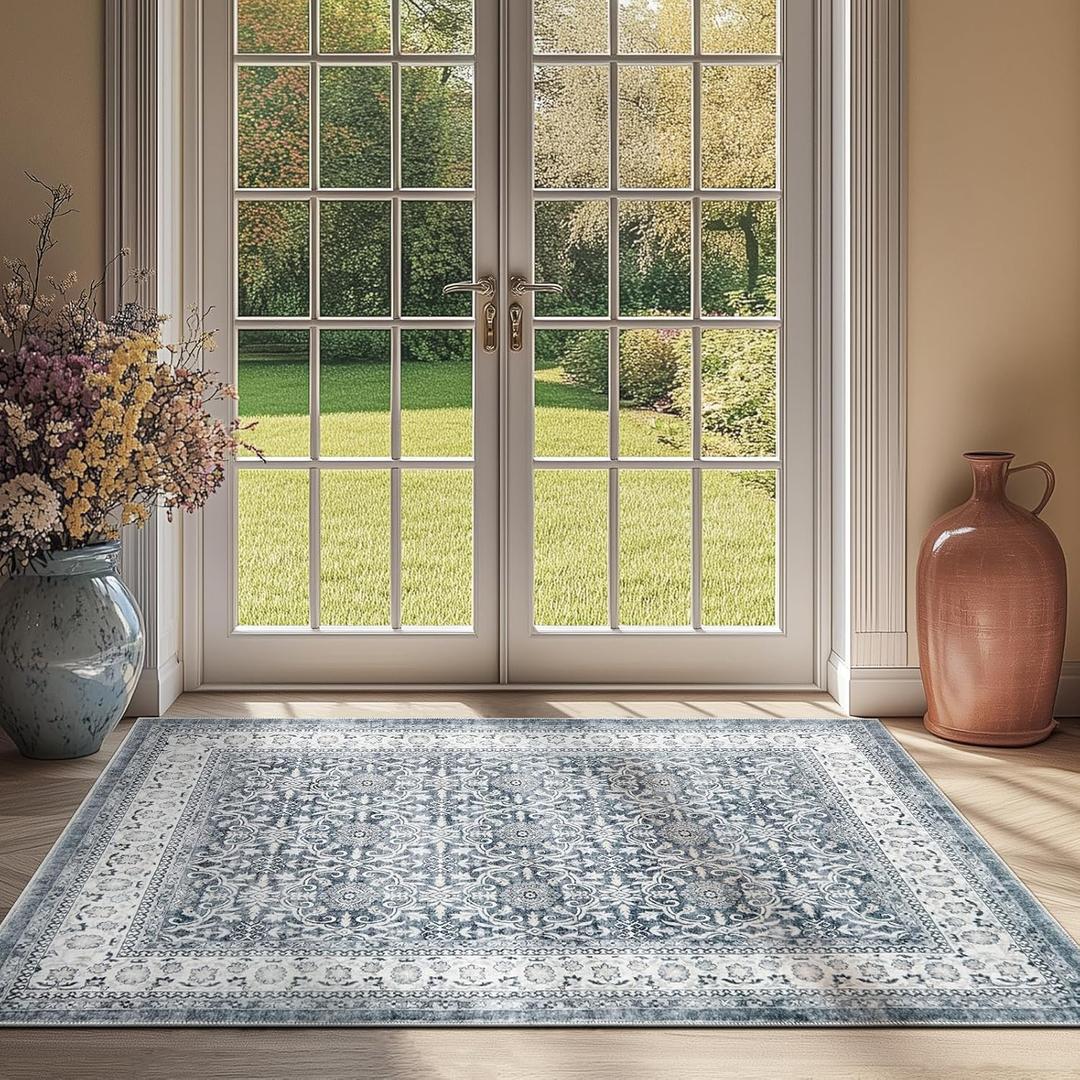 jinchan Floral 3x5 Area Rugs for Entryway - Taupe Vintage Distressed Design Doormat Non-Slip Ultra-Thin Low Pile Boho Rug for Kitchen Living Room Bedroom Farmhouse (3x5', Grey)