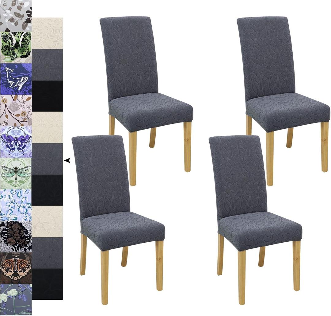 Dining Chair Covers, Jacquard Stretch Kitchen Chair Covers, Dining Room Chair Cover Set of 4, Detachable Washable Chair Covers, Chair Slipcovers, for Home, Restaurant, Banquet (Rice Flower, Grey)