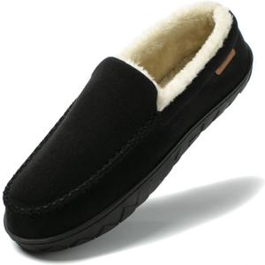 NewDenBer Men's Moccasin Slippers Warm Memory Foam Suede Soft Plush Lined Slip on Indoor Outdoor House Shoes (Black)