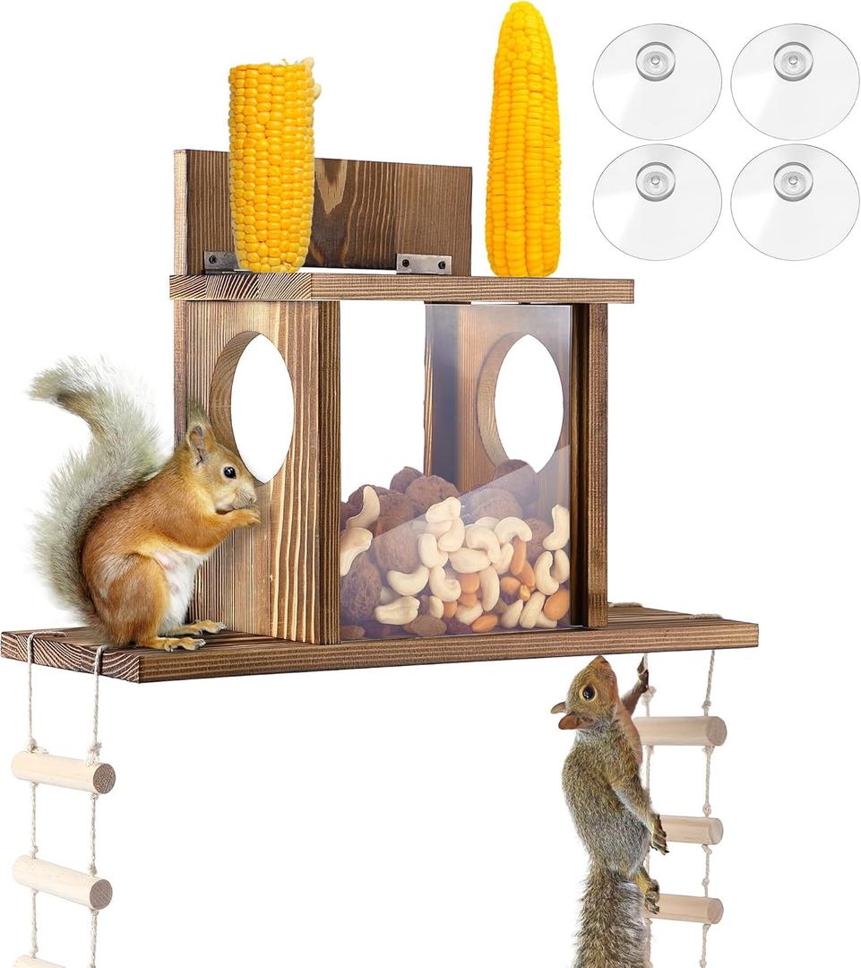 Enhon Wood Squirrel Feeder for Outside, Window Squirrel Feeder with Transparent Viewing, Ladders & Removable Front Panel, Funny Durable Carbonized Wooden Feeding Picnic Table for Chipmunk Peanut Corn