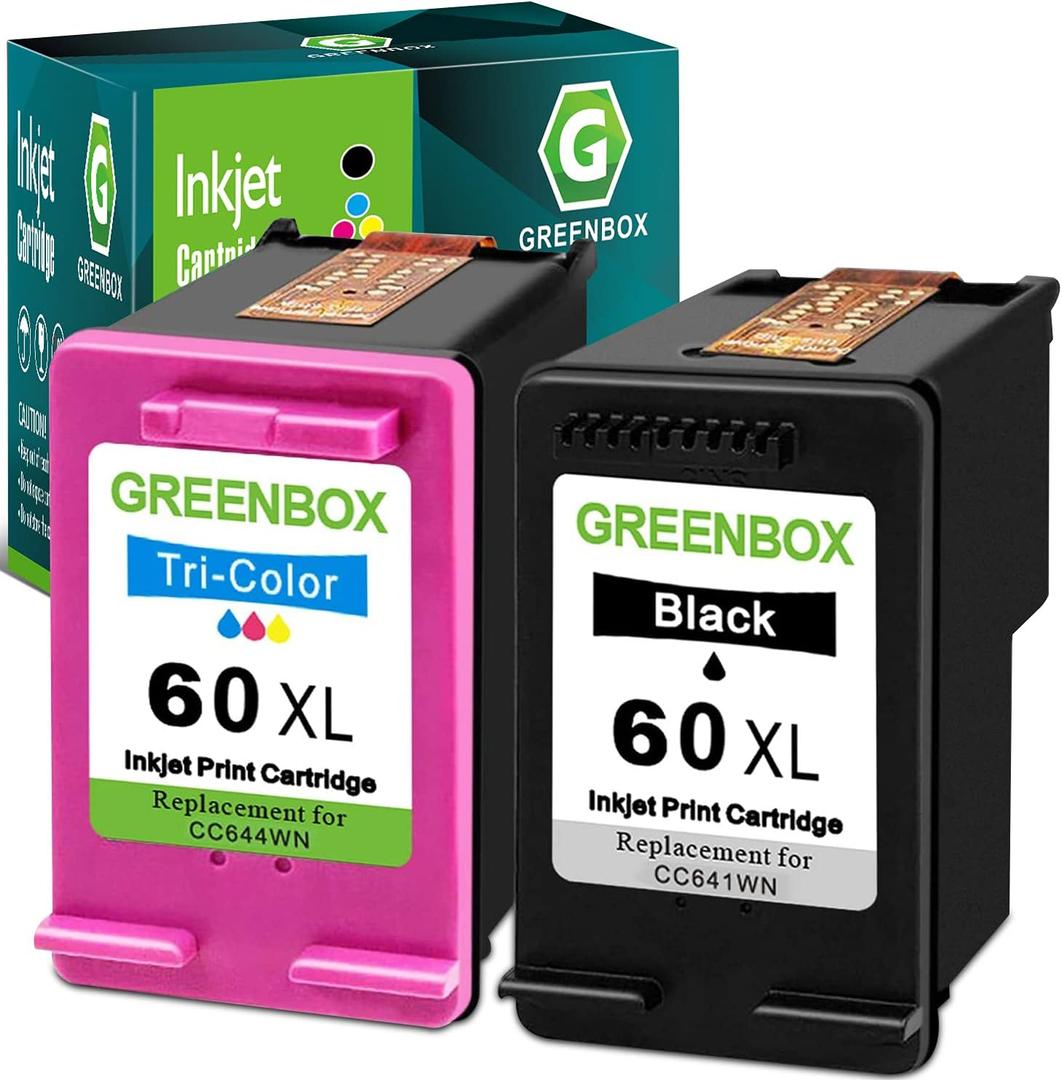 GREENBOX Remanufactured 60XL Ink Cartridges Replacement for HP 60 XL 60XL Combo Pack for PhotoSmart C4780 C4680 C4795 C4640 Deskjet F4480 F4440 F2430 F4280 Envy 110 120 111 114 (1 Black 1 Tri-Color)