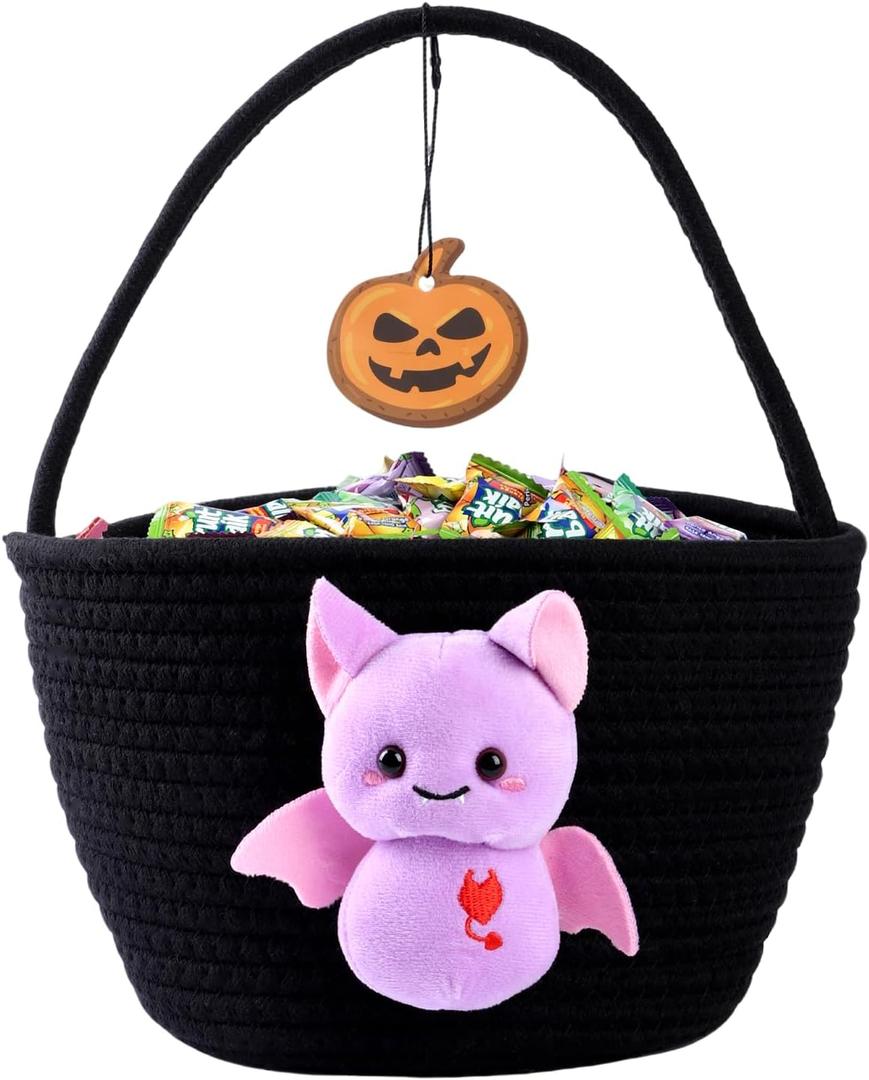 Halloween Candy Basket for Kids  Cotton Rope Trick or Treat Bag with Black Cat Design, Reusable Halloween Candy Bucket for Boys and Girls (purple)
