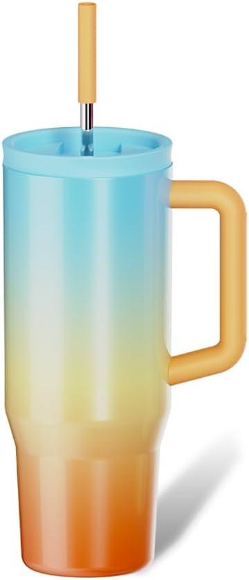 40 oz Tumbler with Handle & Straw Lid  Insulated Stainless Steel Water Bottle, Leakproof Travel Mug  Fits Cup Holder  Hot/Cold Drink Thermos  Ideal Gift for Men & Women (Blue and Brown)
