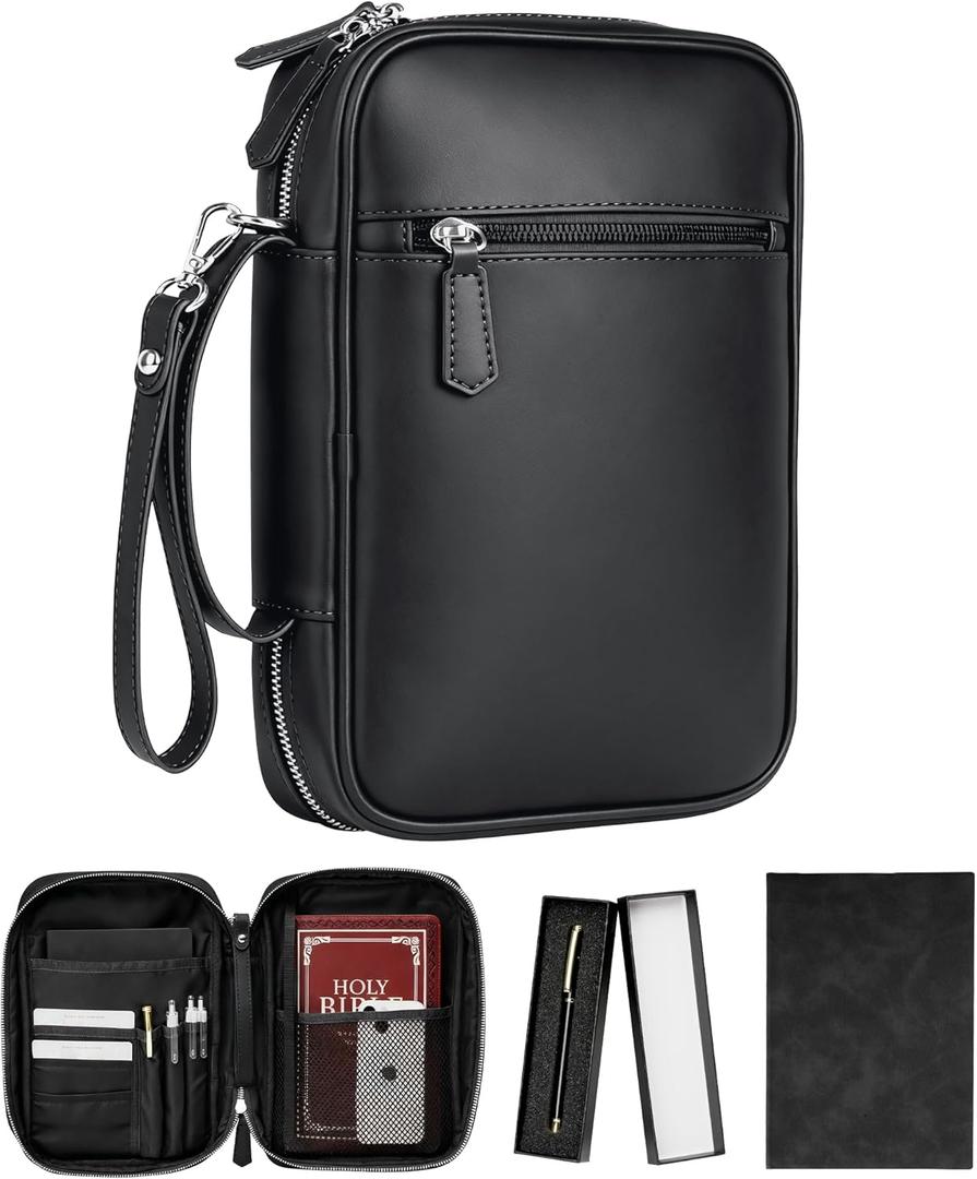 Leather Bible Bag, Portable Bible Case for Men with Detachable Wrist Strap,Leather Carrying Case Includes Notebook & Pen, Ideal Christian Religious Gift for Men & Women (Matte Black)