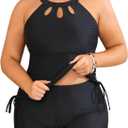 Aqua Eve Women Two Piece Plus Size Swimsuit High Neck Tankini Set Tummy Control Bathing Suit with Shorts Black 14W