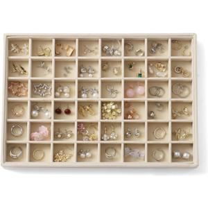 KATISYIO Large Jewelry Organizer for Drawer Insert Velvet Stackable Jewelry Trays for Earring Necklace Bracelet Ring Display (Beige, 48 Grids)