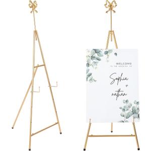 Yaocom 20" x 27" x 53" Gold Easel Stand for Wedding Sign Metal Adjustable Easel Stand with Bow Top Adjustable Tall Height Metal Sign Holder for Display Painting Canvas Welcome Poster Floor Home
